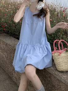 春夏休闲宽松迷你蓝色背心连衣裙，优雅别致韩版无袖圆领复古派对短裙，可爱毕业季服装，外出吊带裙，A字简约纯色服装，时尚新款假日女式中长连衣裙，圆领吊带裙，波西米亚风连衣裙 - 淺藍色 - 查看 4