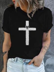 Ropa De Mujer De Talla Grande, Camiseta Con Cuello Redondo Estampada En Forma De Cruz Y Corazón, Camiseta De Manga Corta De Ocio De Primavera Y Verano, Ropa De Mujer - Algodón Negro Premium De 180 G Redondo N - Negro - Ver 1