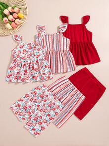 3pcs/Set Baby Girls Floral Striped Allover Print Sleeveless Top + Floral Striped Allover Print Shorts Set - Burgundy - View 2
