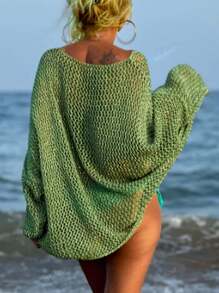 Women'S Plus Size Sexy Hollow-Out Loose Vacation Beachwear Knit Coverup With Pockets, Long Sleeves, And Round Neckline
