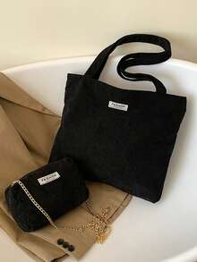 2Pcs/Set Commuting Large Capacity Corduroy Tote Bag - Black - View 9