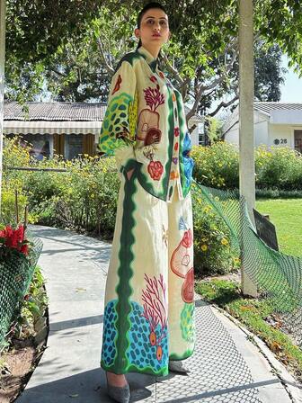 Fall Clothes For Women, Long-Sleeved Shirt And Trousers Suit, Fashionable And Personalized Printed Loose Casual Vacation Two Pieces Suit, Suitable For Commuting, Daily Wear, And Outdoor