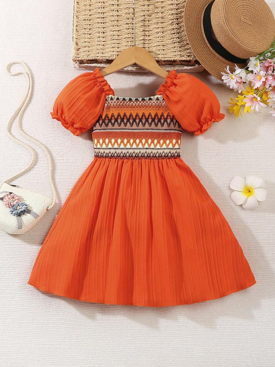 Girls' Summer Casual Fashion Color Block Geometric Pattern Puff Sleeve Dress, Suitable For Daily Outings - Orange - View 1