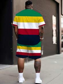 2pcs Plus Size Men Colorful Print Design T-Shirt And Drawstring Shorts Set, Fashionable, Crew Neck Short Sleeve Top With Casual Shorts - Green - View 2