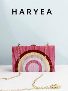 Minimalist Rose Red Rainbow Acrylic Clutch Bag With Metal Chain Strap, Fashion Party Handbag, Shoulder/Crossbody Bag, Formal Evening Bag, Bridal Gift, Cosmetic Case - Hot Pink - View 1