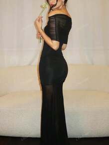 Women Summer Ruched Mesh Patchwork Tube Long Dress Bodycon Elegant Sexy Party Dress Prom Outfit, For Cocktail