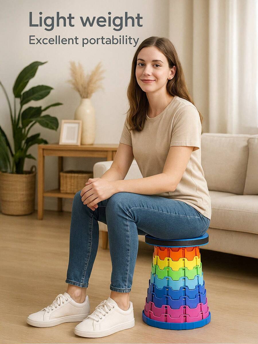 A Rainbow Color Small Folding Stool Home Telescopic Plastic Bathroom Portable Travel Adjustable Height Outdoor Stool - Random Color - View 1