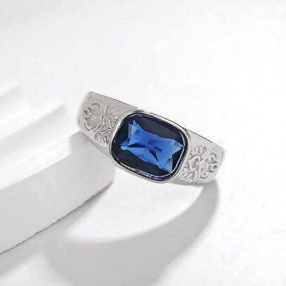 1pc Men's Elegant S925 Sterling Silver Ring, Inlaid With Blue Square 5A Cubic Zirconia, Floral Engraved Decor, Boho Style, Suitable For Daily Wear, Gift, Valentine's Day, Wedding, Engagement, Party, Beach, Festival, Anniversary