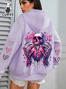 大码女式心形骷髅印花口袋抽绳连帽羊毛衫 - 紫色 - 查看 1