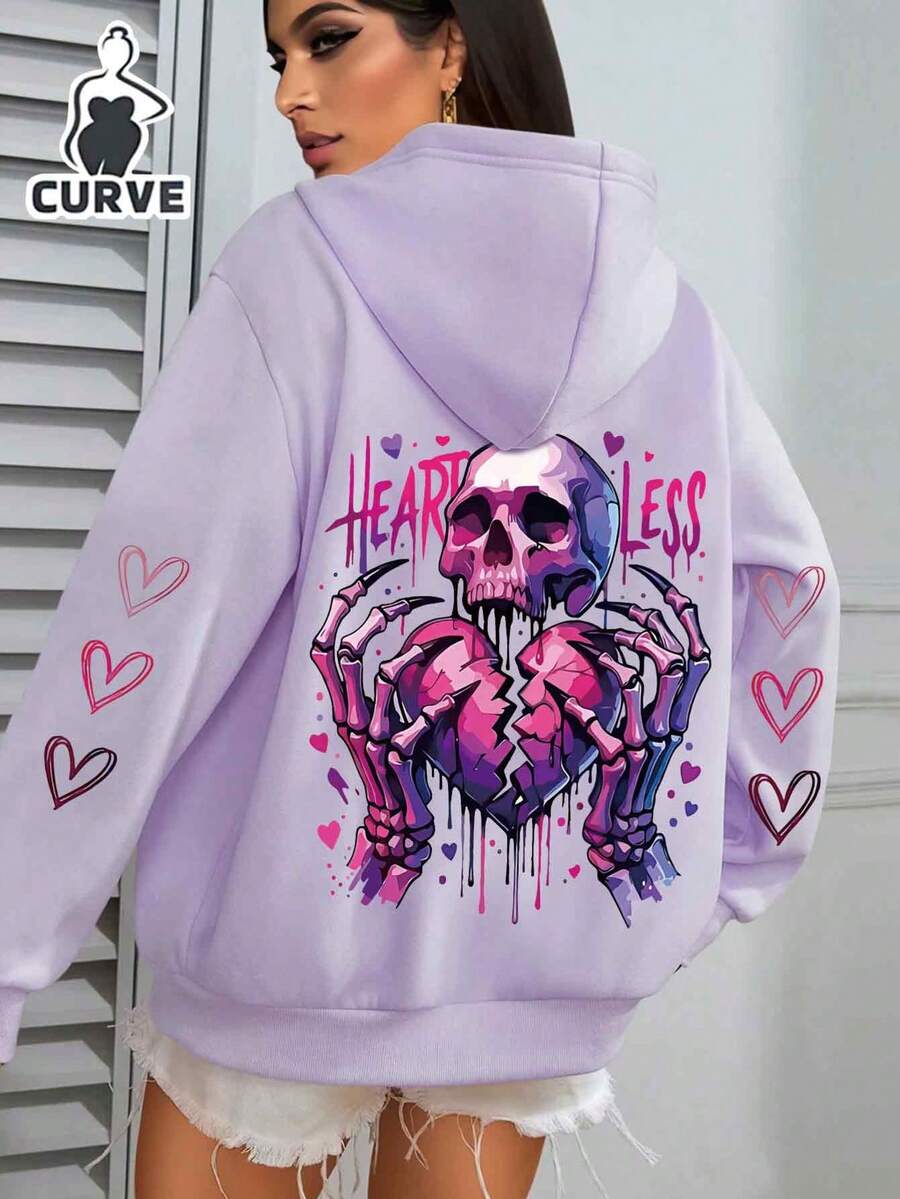 大码女式心形骷髅印花口袋抽绳连帽羊毛衫 - 紫色 - 查看 1