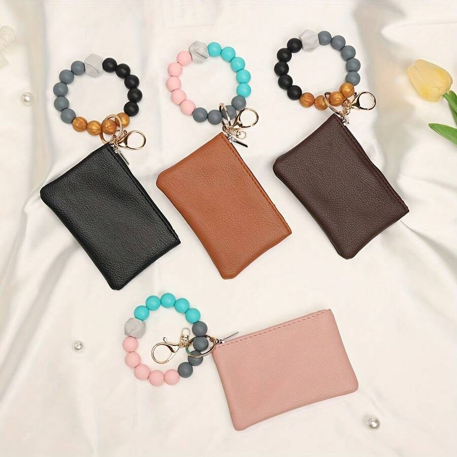 1PC Women's Bracelet Purse, Handmade DIY Combination Silicone Bead Anti-Release String, Pu Solid Color Soft Lychee Grain Purse Card Storage Simple Bag For Women Wallet Mini Wallet Purse Wallet Wristlet Wallet Coin Wallet