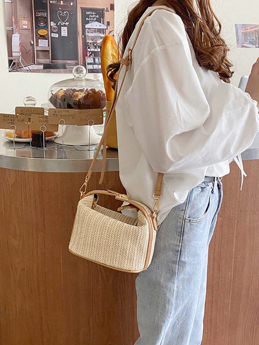 Women's Bohemian Style Straw Woven Tote Bag, Beach Handbag - Beige - View 1