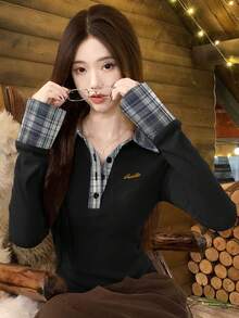 女士二合一格子马球领长袖拉绒贴身打底衫