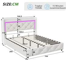 Cama tapizada de 140 x 200 cm/160 x 200 cm, con función de carga y ambiente de mesita de noche, con almacenamiento de palanca de aire, con cabecero, cabecero con diseño de tirador de cristal, blanco, muebles, estructura de cama con cabecero, muebles de dormitorio, sin colchón