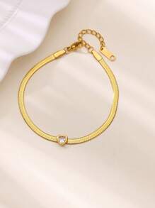1 Peça Elegante Pulseira de Corrente de Cobra com Coração de Zircônia para Mulheres, Pulseira de Aço Inoxidável À Prova d'Água, Joias, Presentes de Aniversário e Casamento
