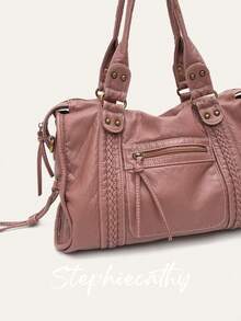 STEPHIECATHY 复古休闲酷街头男女通用风格柔软刷洗 PU 人造皮革拉链开合拉链口袋编织装饰大容量适合 13 英寸笔记本电脑手提包可调节长肩带斜挎包女士日常大学通勤旅行多功能