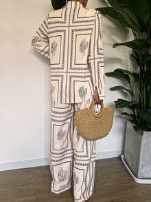 Nuevo conjunto de 2 piezas de pantalones largos y camisa con botones y estampado aleatorio, elegante y casual, adecuado para bodas - Albaricoque - Ver 5