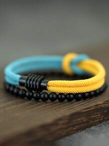 Set da 2 braccialetti da uomo alla moda, bracciale in corda con nodo, fibbia magnetica, colore giallo e rosso