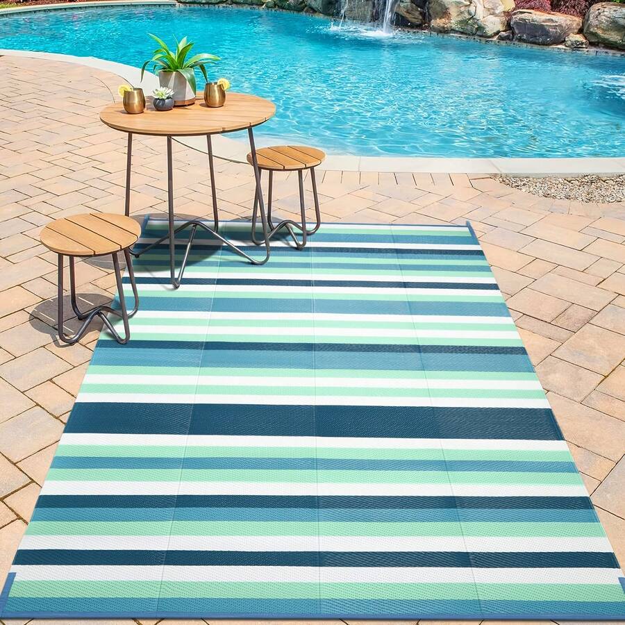 Outdoor Rug 5X8 Waterproof Non-Slip Backing All-Weather Reversible Patio Carpet For Porch, Deck, Garden, Balcony - Heavy Duty, Easy To Clean, Decorative Design Indoor/Outdoor Use, Fade Resistant, Mold & Mildew Proof, Low Maintenance, Polypropylene | Modern Geometric, Bohemian Patterns For Backyard, Poolside, Camping, RV - Turquoise Stripes - View 1