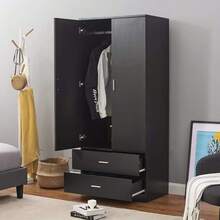 2 Doors 2 Drawers Tall Wardrobe With Hanging Rail & Shelf Modern Wooden Clothes Storage Cupboards For Bedroom (Black) - 1 - View 9