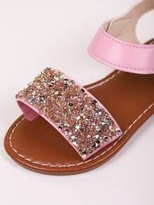 Summer Kids Flat Sandals, Glitter Princess Sandals. Suitable For Beach Play, Vacation, Travel, Shopping And Casual Wear At Home. (Hand-Studded Rhinestones On The Vamp With Gaps On Both Sides) - Pink - View 7