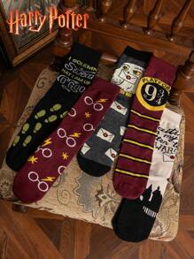 Harry Potter 5 pares de calcetines tipo tripulación con tema de Harry Potter, estilos de escuela de magia, estética vintage, calcetines de regalo para Navidad, estudiantes y parejas, otoño