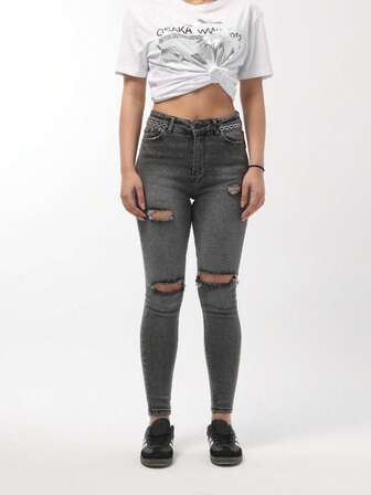 Women's Pocket Distressed Skinny Casual Versatile Jeans
