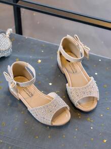 1 Pair Girls Diamond & Sequin Embellished Princess Sandals, Children Soft Bottom Dance Shoes With Ankle Strap Open Toe