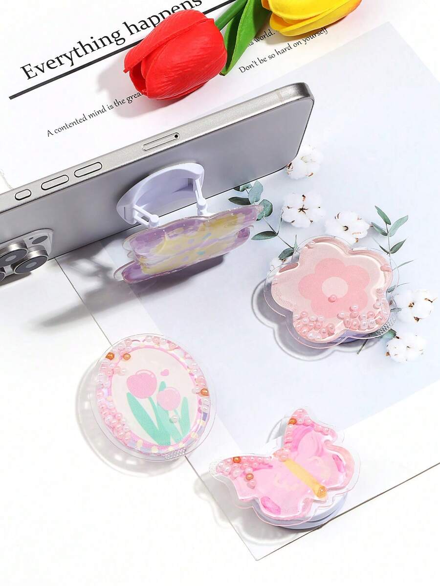 Universal Mobile Phone Push-Pull Bracket Invisible Folding Creative Flow Bead Butterfly Phone Bracket Adhesive Backing Compatible With IPhone, Android Phone, Gift For Birthday, Family, Friends Push-Pull Phone Grip, Phone Holder, Phone Accessories - Multicolor - View 1