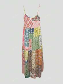 Women Summer Spaghetti Strap Patchwork Floral Geometric Print Casual Holiday Dress