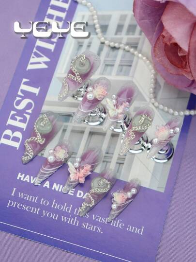 Add A Touch Of Romance With Charming 10pcs Stiletto Shape Handmade Gradient Purple Silver Glitter Princess 3d Three-Dimensional Flower European Style Nordic Full Coverage Fake Nails Long Set Fairy Sweet Heart Butterfly With Pearl Round Jade Decoration Cottagecore Full Coverage Acrylic Press On Nails Summer Kit For Women And Girls Wedding Nails & 1pc Mini Nail File & 1 Sheet Adhesive Tabs