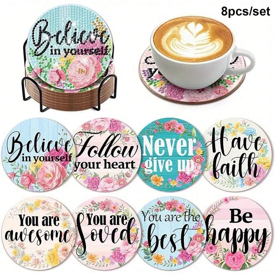 8pcs Rhinestone Painting Coasters Set - DIY Letter Pattern Coasters With Stand, Sparkly Diamond Art Craft Set, Suitable For Adults And Beginners, Home Decor And Craft Lovers, Perfect Gift For Artists And Home Decor