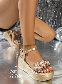 Women Fashion Gold Beaded Flower Rhinestone Ankle Strap Thick Sole Sandals - Open Toe Thick Heel Casual Summer Sandals