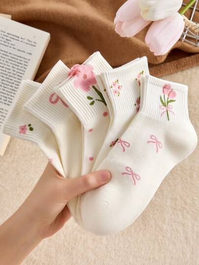 2/5双装 女士白色粉色可爱蝴蝶结花卉图案透气吸湿舒适中筒袜，适合日常穿着和外出，随机发货，秋季款