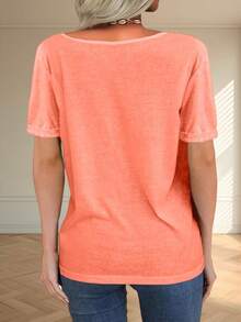 Women Deep V Neck Short Sleeve Tops Solid Casual Loose Basic T Shirt - 橘色 - 查看 2