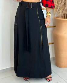 LONG WOMEN'S SKIRT WITH ZIPPER AND SIDE SLIT WITH BELT HIGH WAIST  FOREIGN FASHION 2025 CASUAL EVANGELICAL PARTY - 黑色 - 查看 2