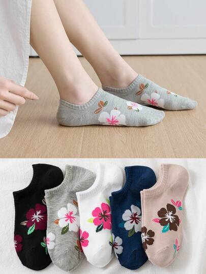 5pairs Flower Pattern Daily Wear Casual Women Ankle Socks, No Show Socks