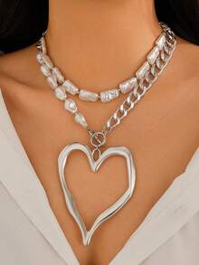 2pcs Vintage Exaggerated Fashion Metal Heart Pendant Necklace, Asymmetrical Faux Pearl Necklace,Women's Daily Wear And Beach Holiday Party Decor Charm Jewelry Set Gift,Silver Women Necklaces - Silver - View 7
