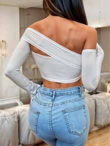 Blusa Crop Top Asimetrica Ajustada de Hombro Descubierto y Manga Larga para Mujer - Blanco - Ver 3