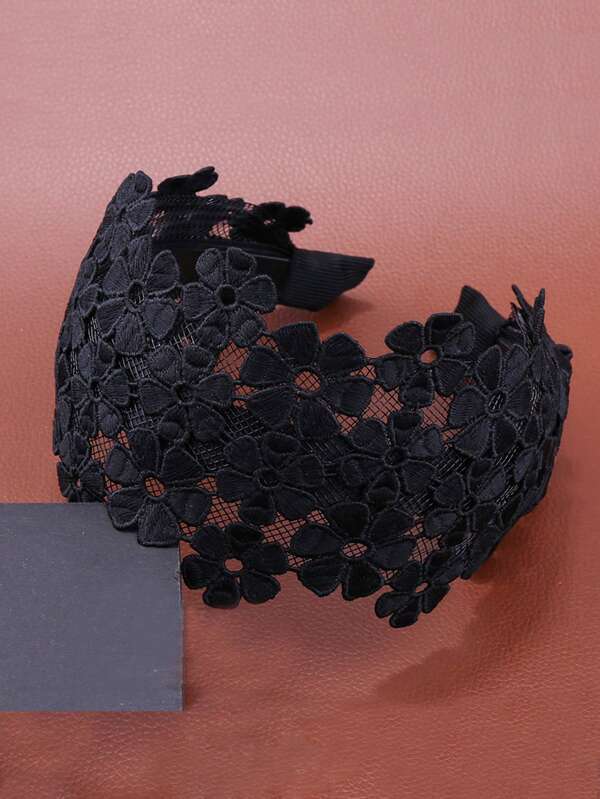 1pc Black Lace Floral Elastic Headband, Elegant Wide Edge Hair Hoop, Boho Style Casual Headpiece For Festival & Everyday Wear, Summer,Hairband,Hair Hoop Headbands