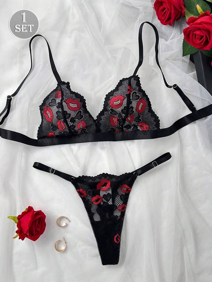 1 Set di lingerie sexy da donna in 3 pezzi con ricamo di labbra rosse in rete trasparente, body con inserti in pizzo