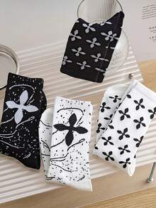 4 Pairs Cross Jacquard Pattern Casual Sport Crew Socks, Unisex Design Suitable For Spring/Summer - Multicolor - View 4