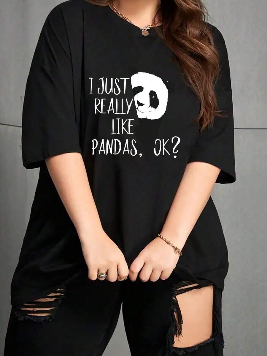 Camiseta gráfica de talla grande: "Realmente me gustan los pandas, ¿de acuerdo?" - Mezcla de poliéster y elastano con tejido de punto - Cuello redondo, manga corta, túnica informal ligeramente elástica para mujer - Todo Se - Negro - Ver 1