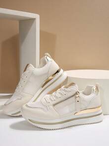 Fall/Winter Fashionable Comfortable Slip-On Non-Slip Women's Wedge Rhinestone Color Block Platform Sneakers, Lightweight Casual Bling Design Trainers, Breathable PU Mesh Summer Solid Color Sparkling Sport Shoes - Beige - View 7