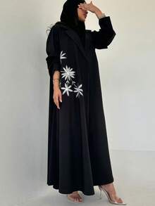 女士夏季长款刺绣罩袍外套、开衫、卡夫坦长袍，春季黑色 - 黑色 - 查看 6