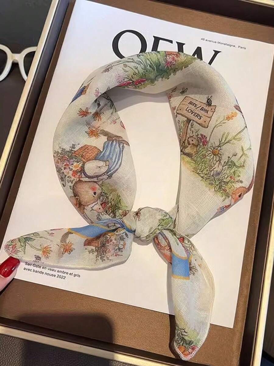 60cm Beige Rabbit Pattern Small Square Scarf For Women Polyester Satin Neck Scarf, Spring & Autumn New Design, Versatile Accessory
