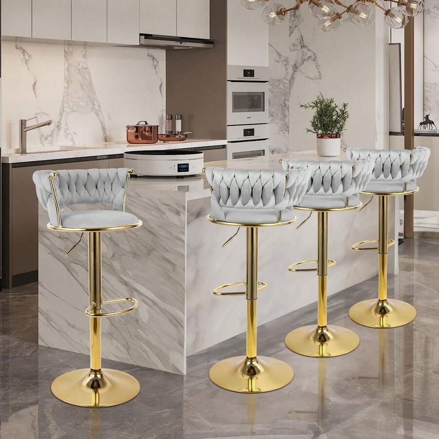 Juego de 2 taburetes de bar Nalupatio, taburetes de bar de altura de mostrador con respaldo bajo, taburetes de bar de altura ajustable de terciopelo holandés, giratorios 360°, adecuados para bares, hogares, oficinas, cafeterías. - Gris Claro - Ver 1