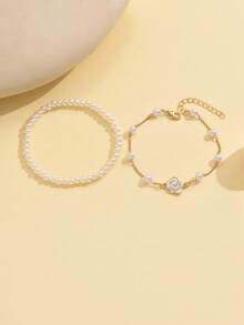 2pcs/Set Fashionable & Elegant White Rose Decor Pearl Beads Anklet Jewelry Set, Romantic & Charming, Suitable For Ladies Daily, Vacation, Beach, Photo Shoot, Handmade Adjustable Length - Multicolor - View 2