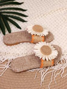 (Order One Size Up Than Usual) 1 Pair Girls Rainbow Sunflower Decor Open Toe Slippers, Suitable For Beach, Travel, Photography, School, Indoor And Outdoor Activities - Orange - View 4