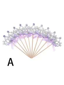 1set/5pcs,Golden Crown Ribbon Cupcake Skewers With Pink Bow Accents - Perfect For Decorating Birthday Parties, Weddings, Dessert Cupcakes, Cocktail Skewers, Suitable For Gatherings, Party Celebrations, And Corporate Events